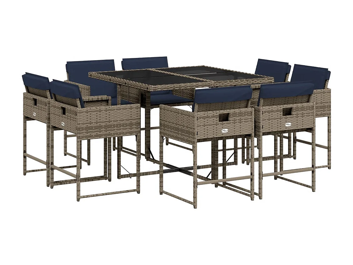 Ensemble à manger de jardin 9 pièces coussins gris résine tressée