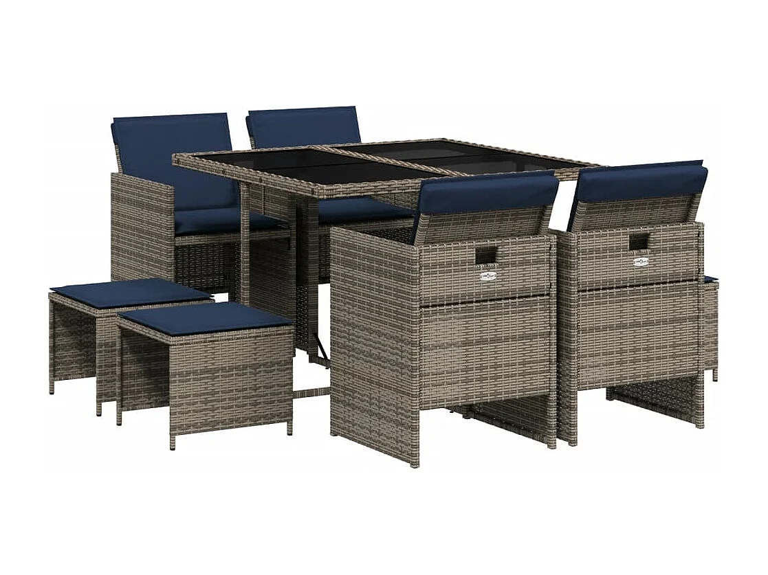 Ensemble à manger de jardin 9 pièces coussins gris résine tressée