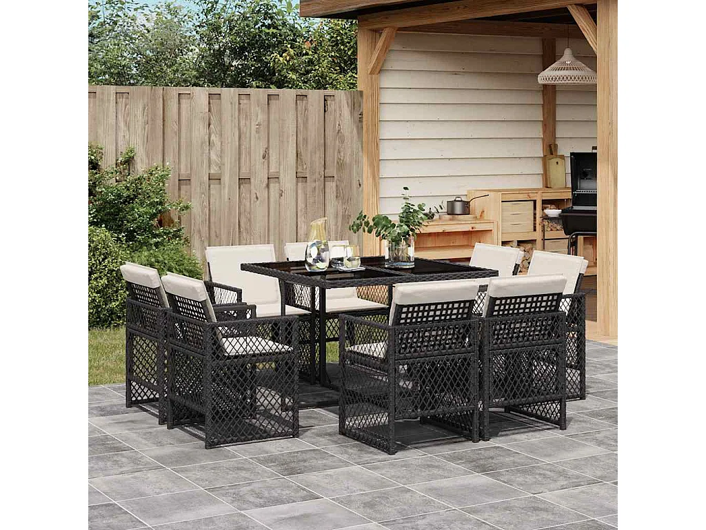 Ensemble à manger de jardin 9 pièces coussins noir résine tressée