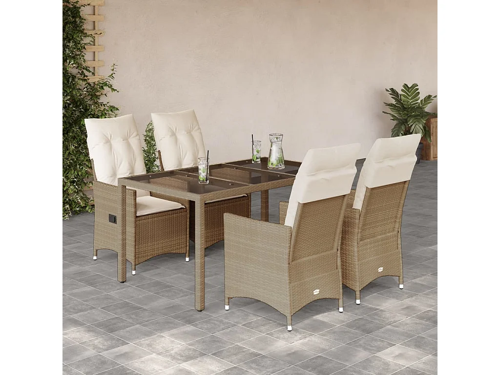 Ensemble à manger de jardin avec coussins 5 pièces Beige poly rotin
