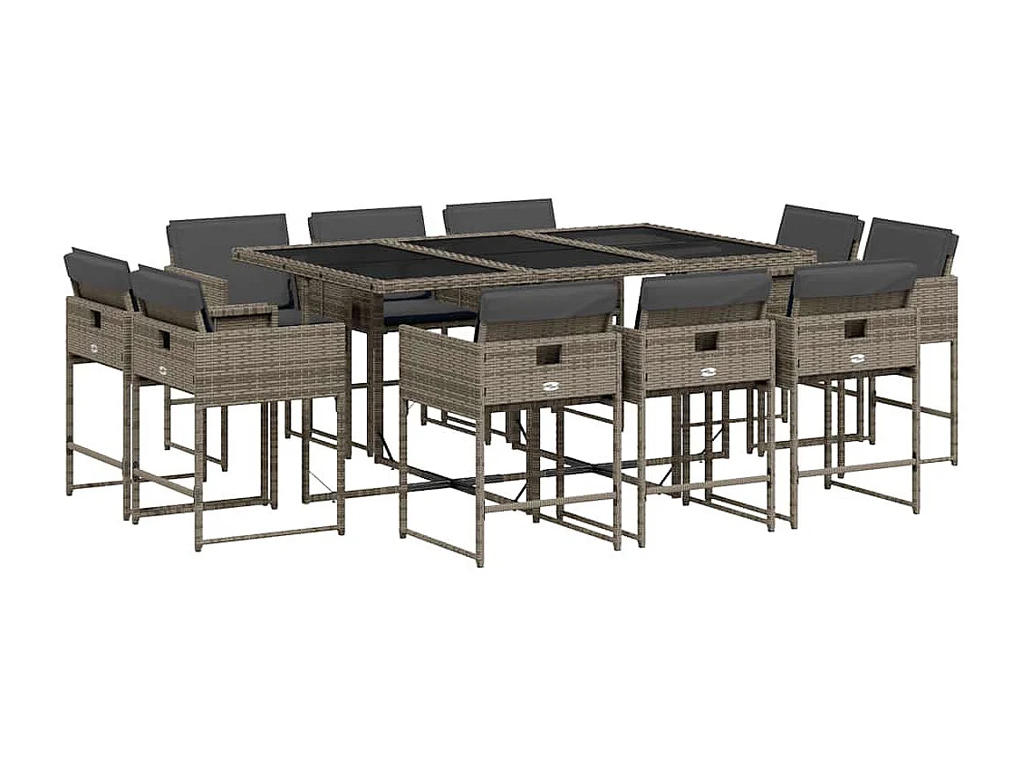 Set de comedor de jardín 11 piezas y cojines ratán sintético gris