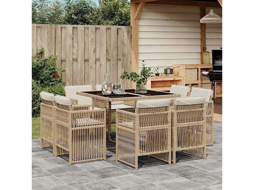 Ensemble à manger de jardin et coussins 9 pièces beige Poly rotin