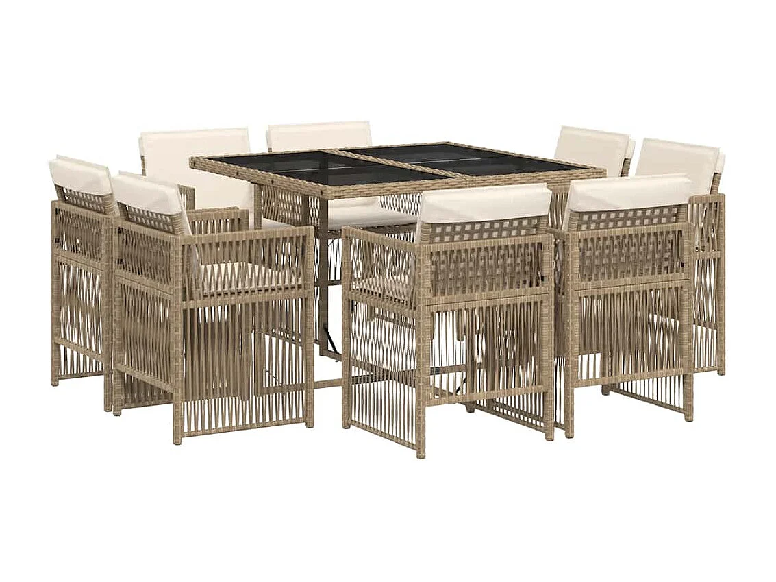 Ensemble à manger de jardin et coussins 9 pièces beige Poly rotin
