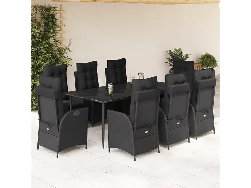 Ensemble à manger de jardin 9 pièces coussins noir résine tressée