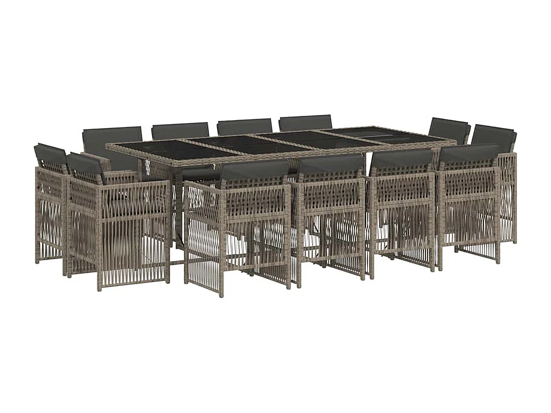 Set comedor de jardín con cojines 13 piezas ratán sintético gris