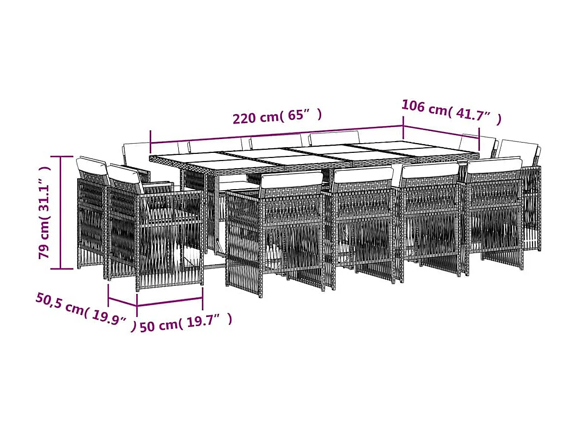 Set comedor de jardín con cojines 13 piezas ratán sintético gris