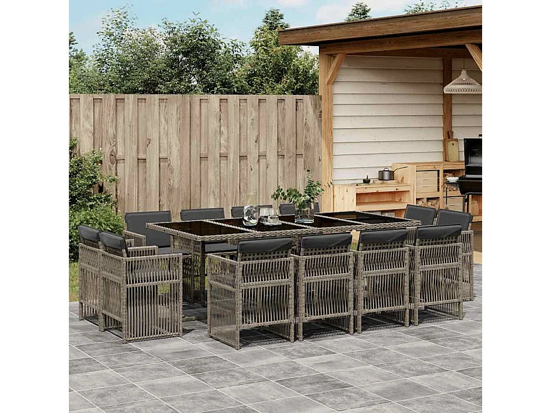 Set comedor de jardín con cojines 13 piezas ratán sintético gris