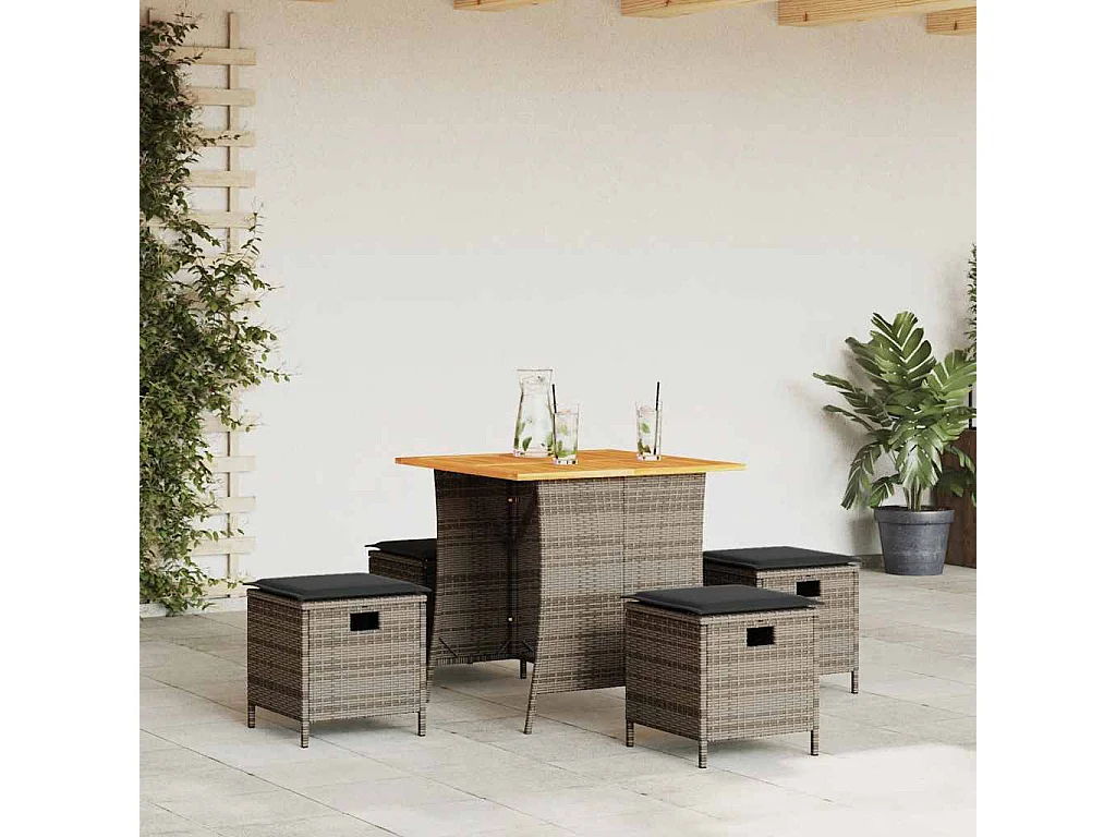 Set comedor de jardín 5 piezas con cojines ratán sintético gris