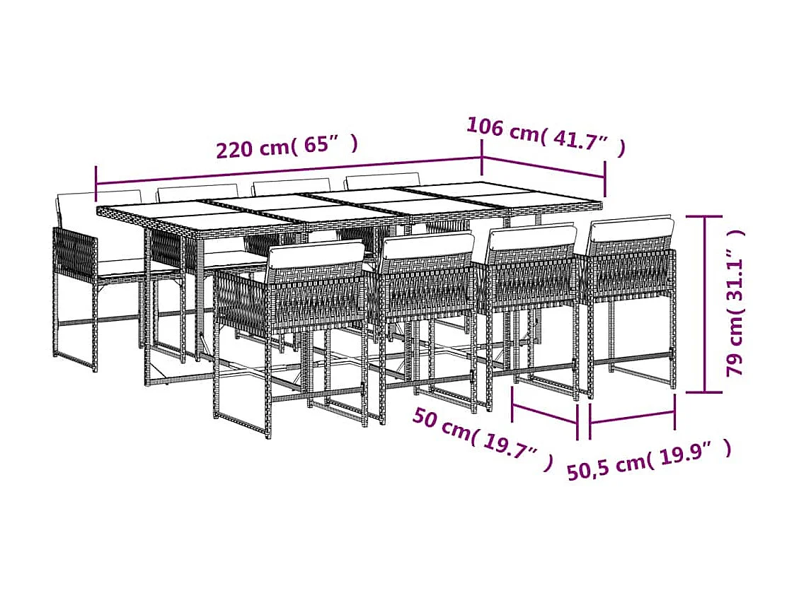 Set comedor de jardín 9 piezas cojines ratán sintético gris claro
