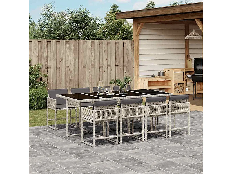 Set comedor de jardín 9 piezas cojines ratán sintético gris claro