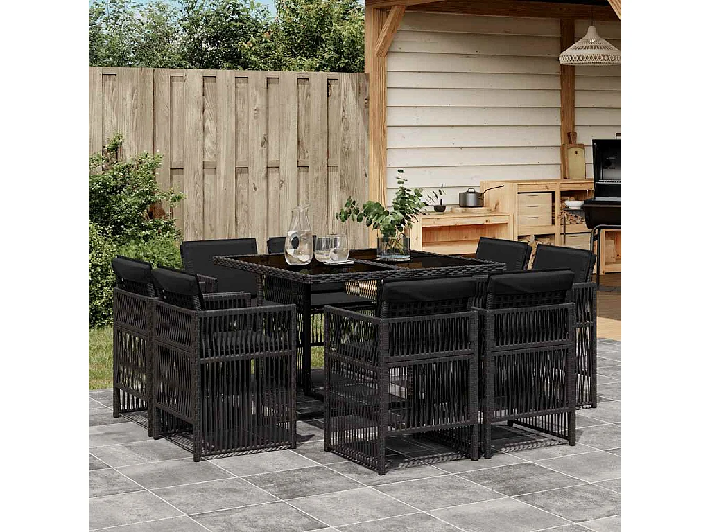 Ensemble à manger de jardin 9 pièces coussins noir résine tressée