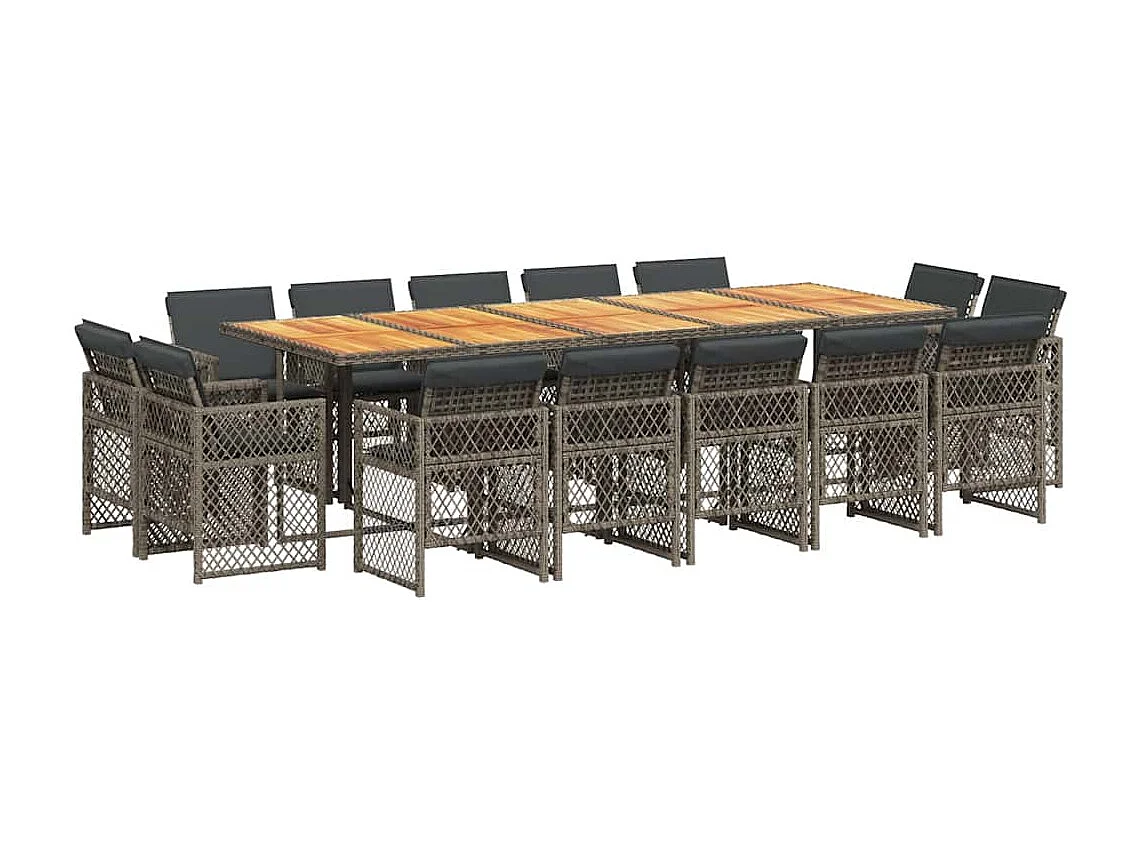 Set comedor de jardín con cojines 15 piezas ratán sintético gris