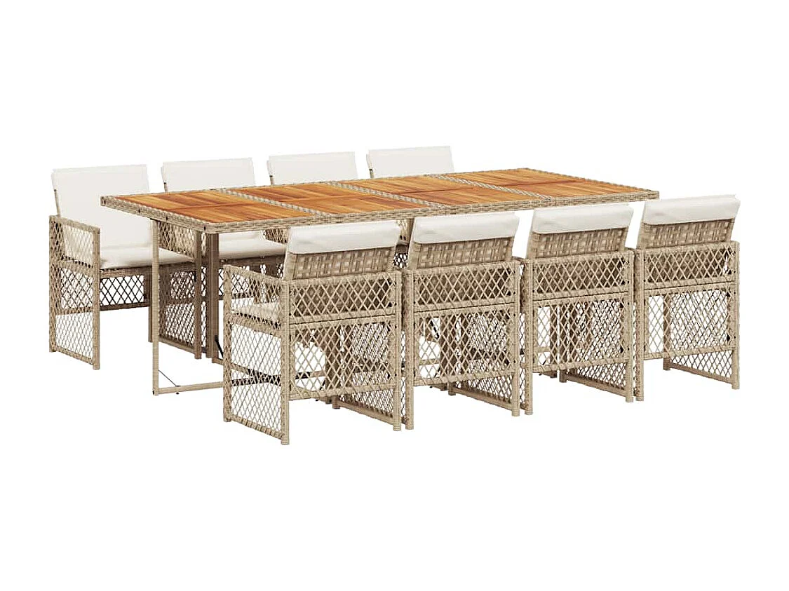 Ensemble à manger de jardin et coussins 9 pièces beige Poly rotin