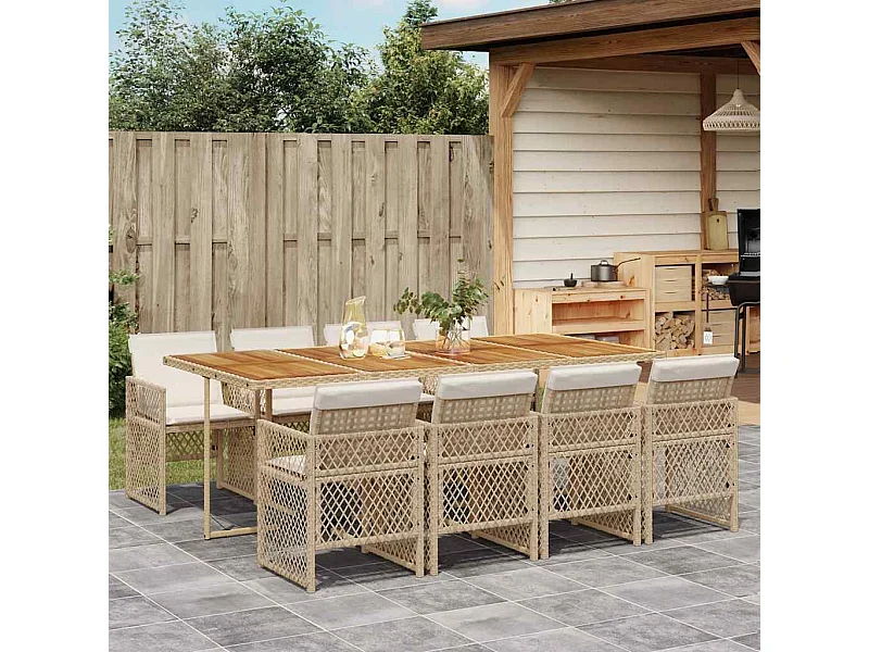 Ensemble à manger de jardin et coussins 9 pièces beige Poly rotin