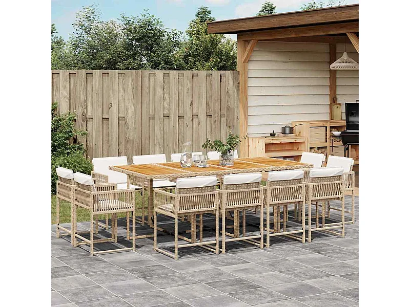 Ensemble à manger de jardin et coussins 13 pièces beige