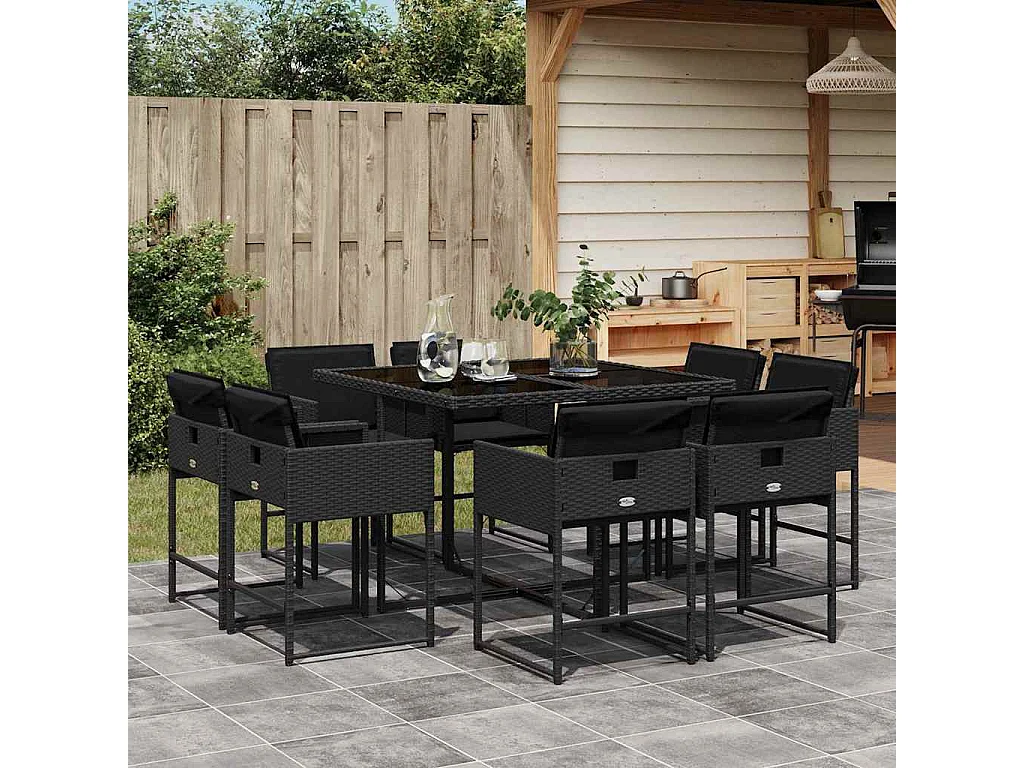 Ensemble à manger de jardin 9 pièces coussins noir résine tressée