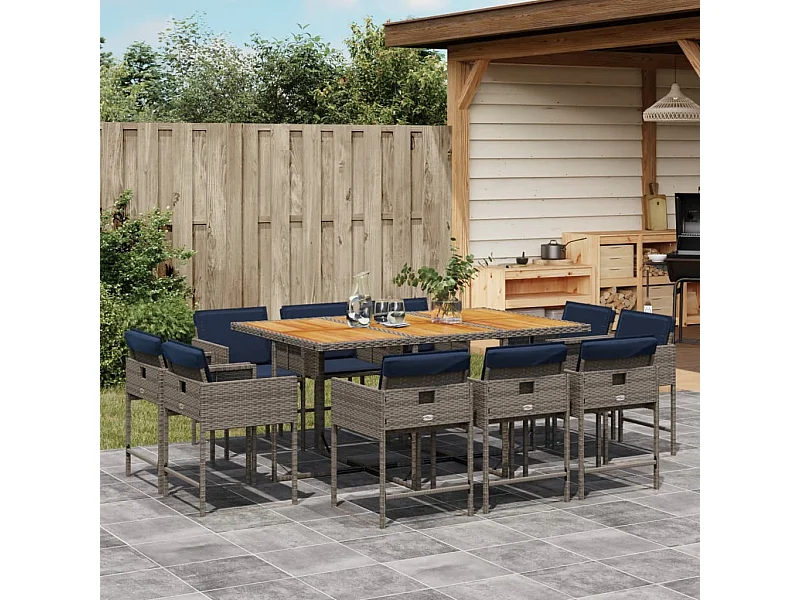 Ensemble à manger de jardin 11 pièces coussins gris résine tressée