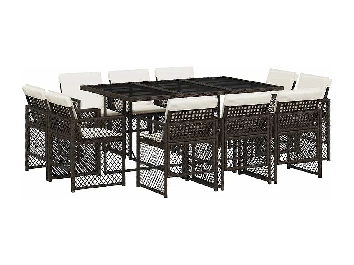 Set comedor de jardín 11 piezas y cojines ratán sintético marrón