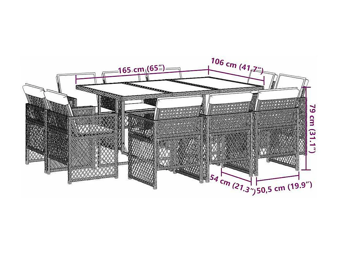 Set comedor de jardín 11 piezas y cojines ratán sintético marrón