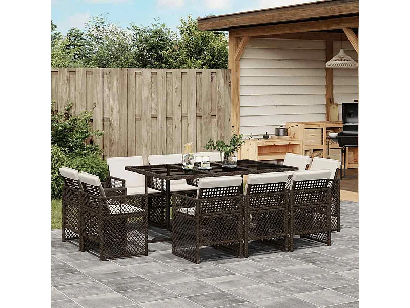 Set comedor de jardín 11 piezas y cojines ratán sintético marrón