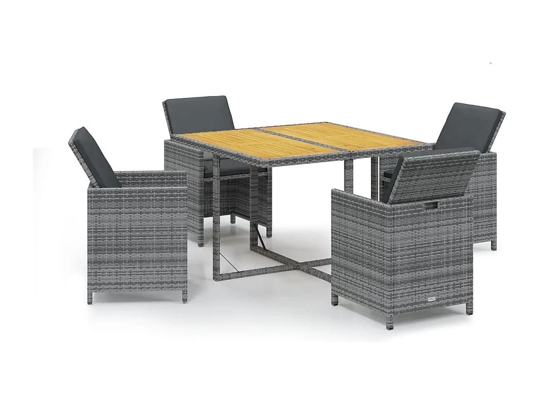 Set comedor de jardín 5 piezas con cojines ratán sintético gris
