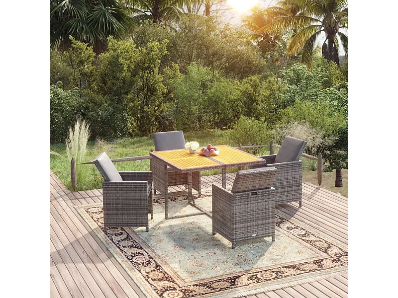 Set comedor de jardín 5 piezas con cojines ratán sintético gris