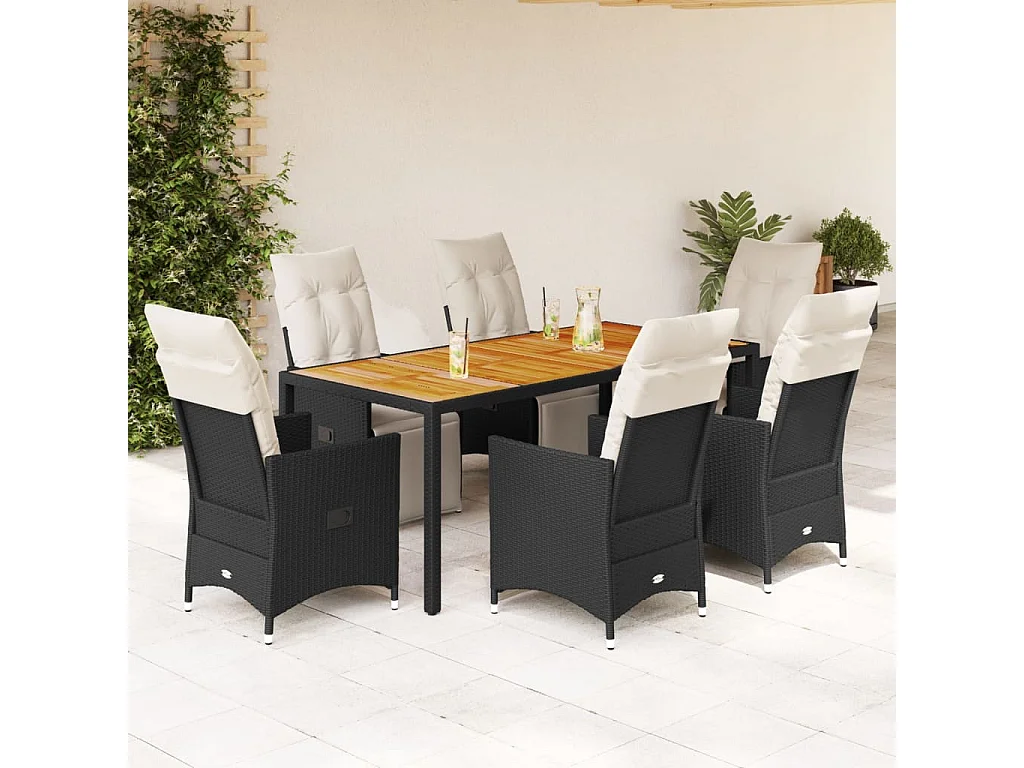 Set de comedor de jardín 7 piezas y cojines ratán sintético negro