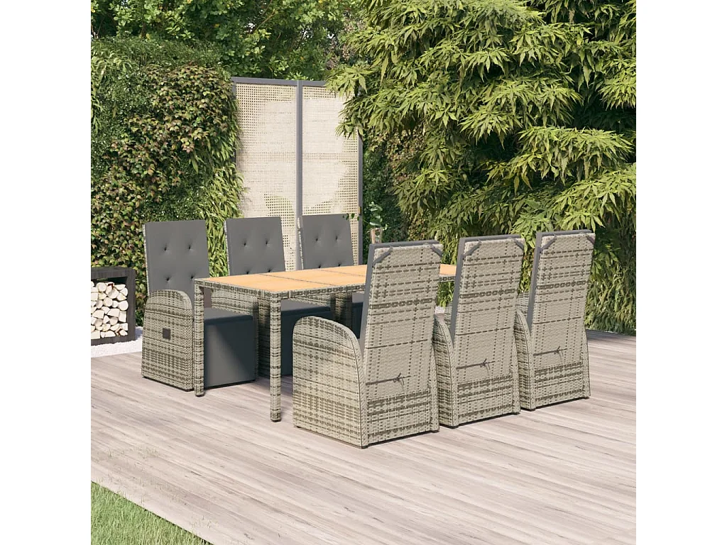 Ensemble à manger de jardin et coussins 7 pièces gris rotin