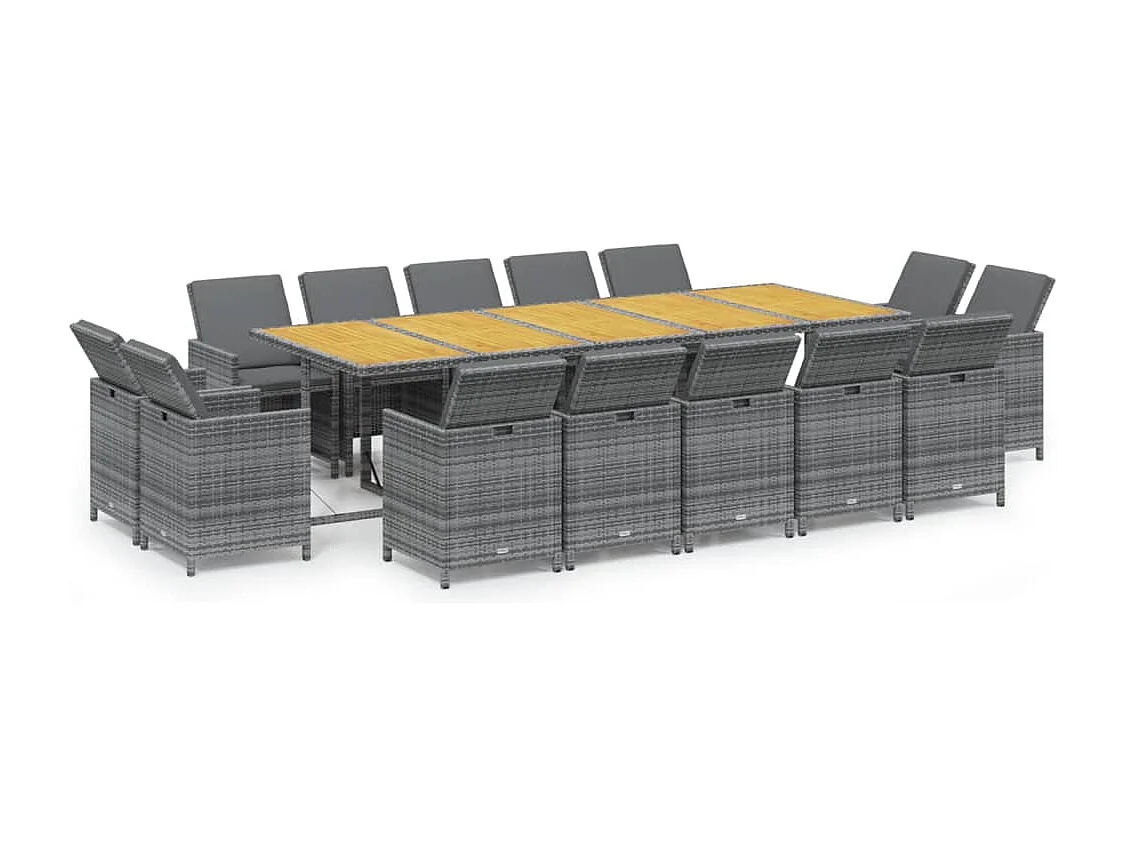 Set comedor jardín 15 piezas y cojines ratán sintético gris