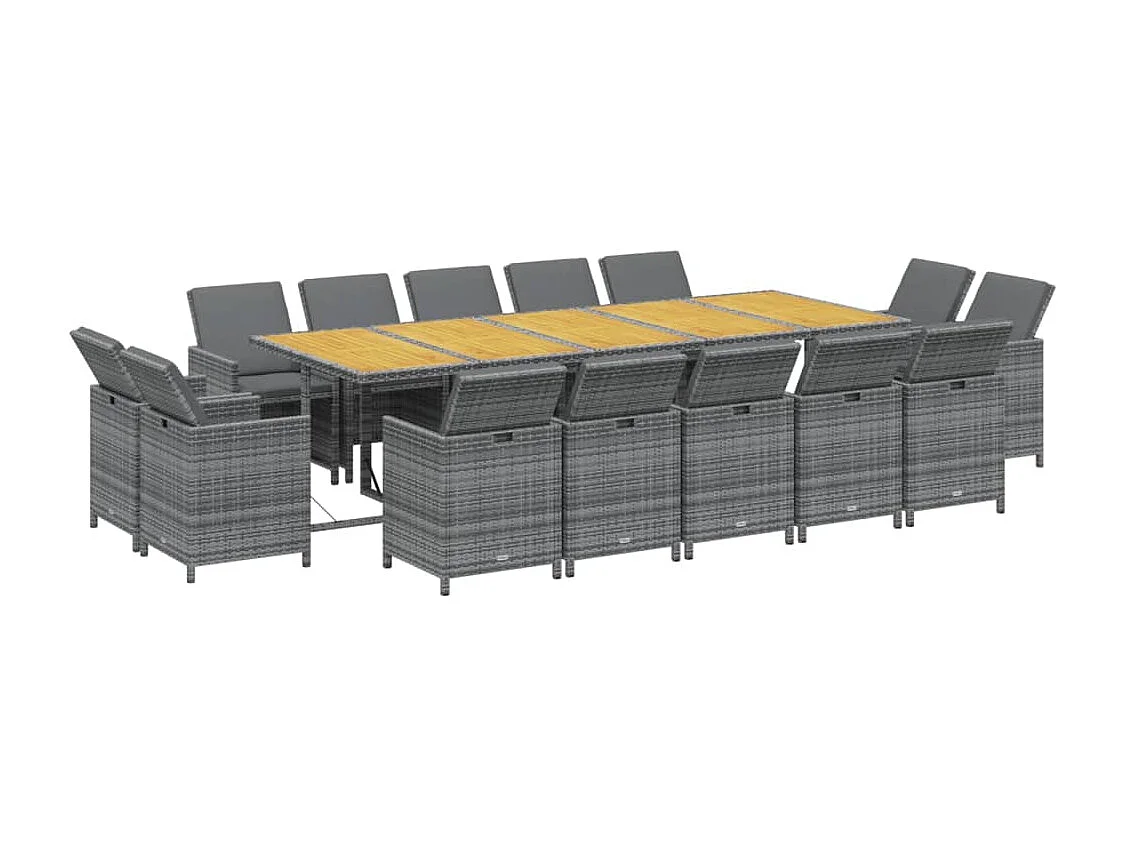 Set comedor jardín 15 piezas y cojines ratán sintético gris