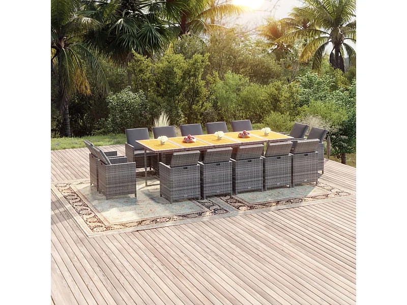 Set comedor jardín 15 piezas y cojines ratán sintético gris
