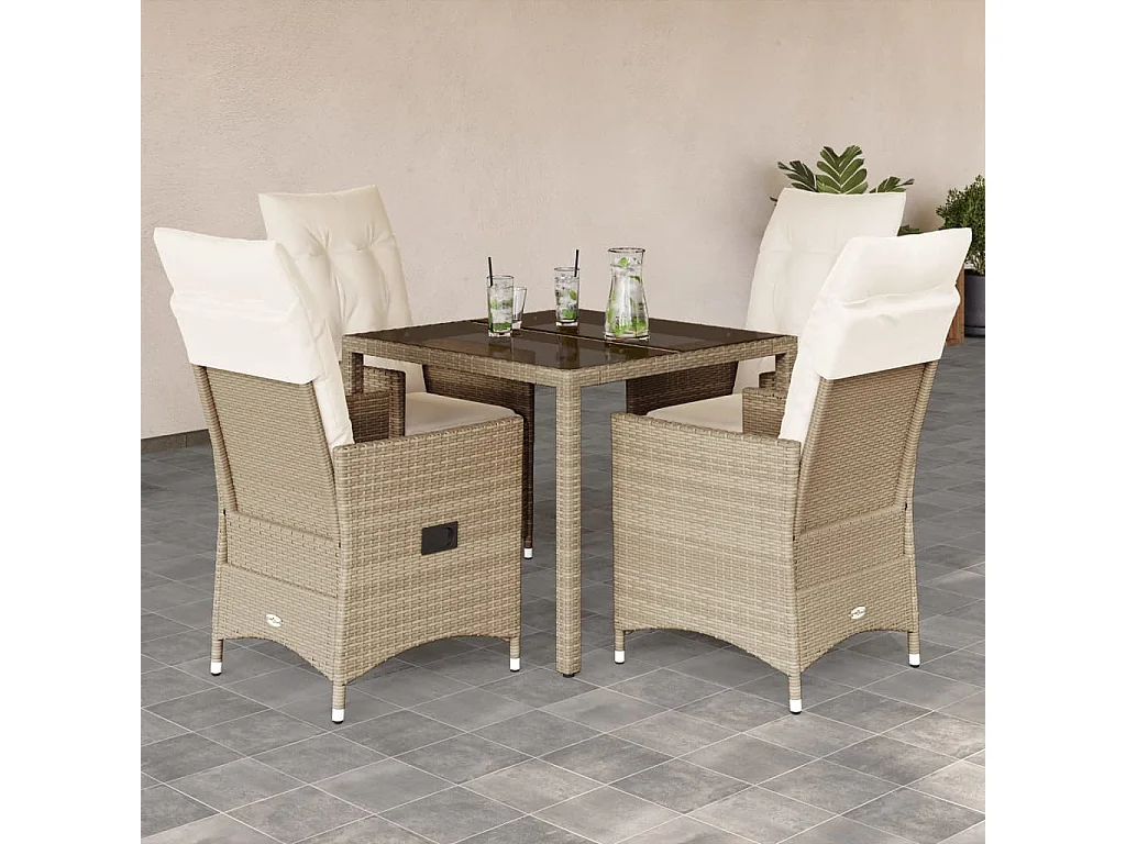Ensemble à manger de jardin avec coussins 5 pièces Beige poly rotin