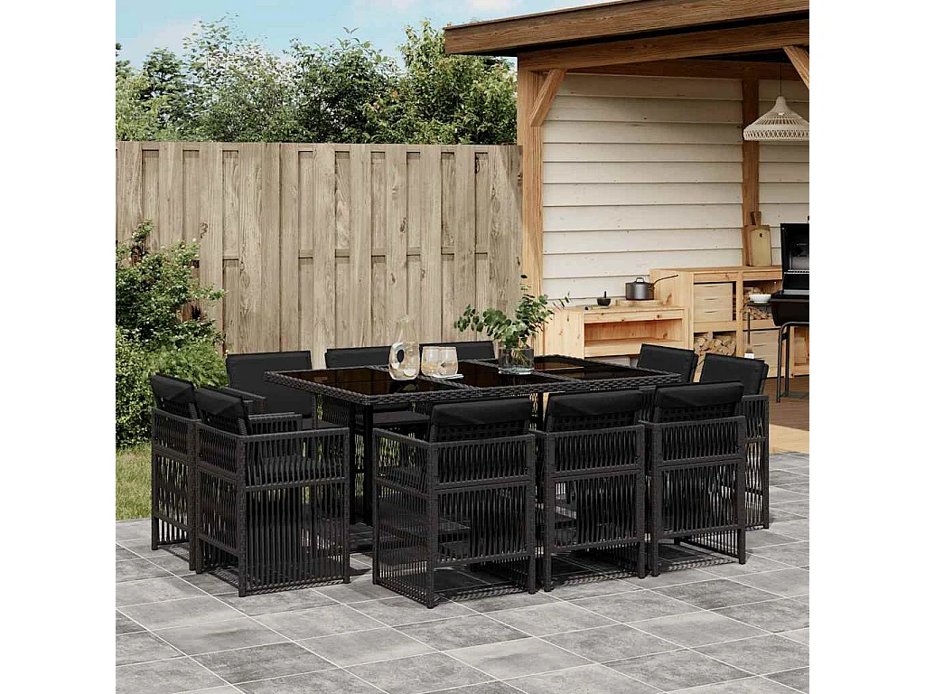 Set de comedor jardín 11 piezas con cojines ratán sintético negro