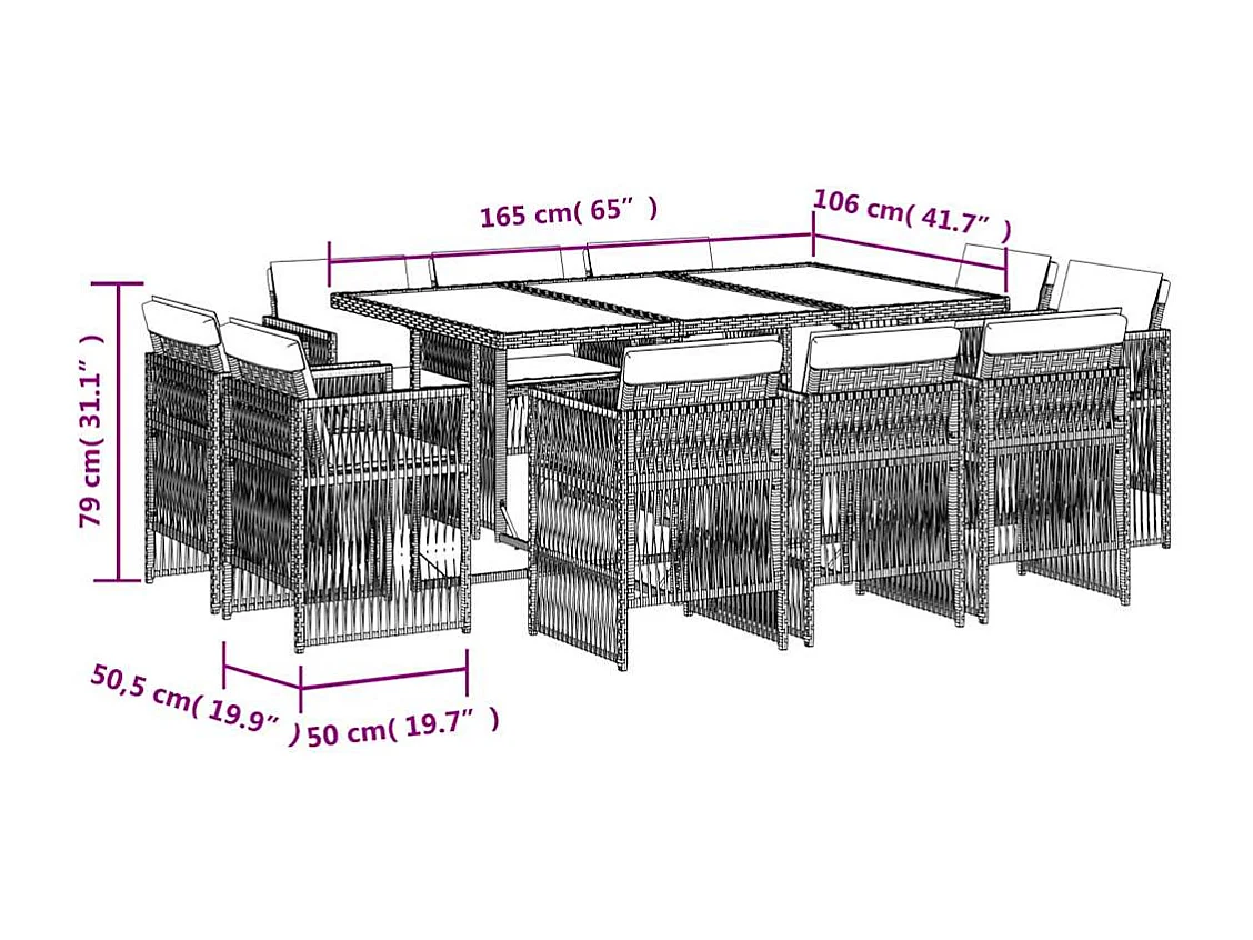 Set de comedor jardín 11 piezas con cojines ratán sintético negro