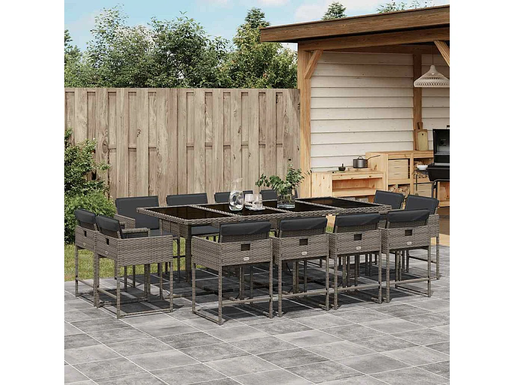 Set comedor de jardín con cojines 13 piezas ratán sintético gris