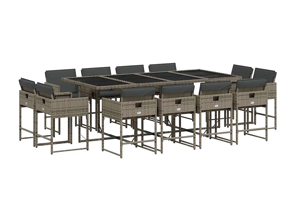 Set comedor de jardín con cojines 13 piezas ratán sintético gris