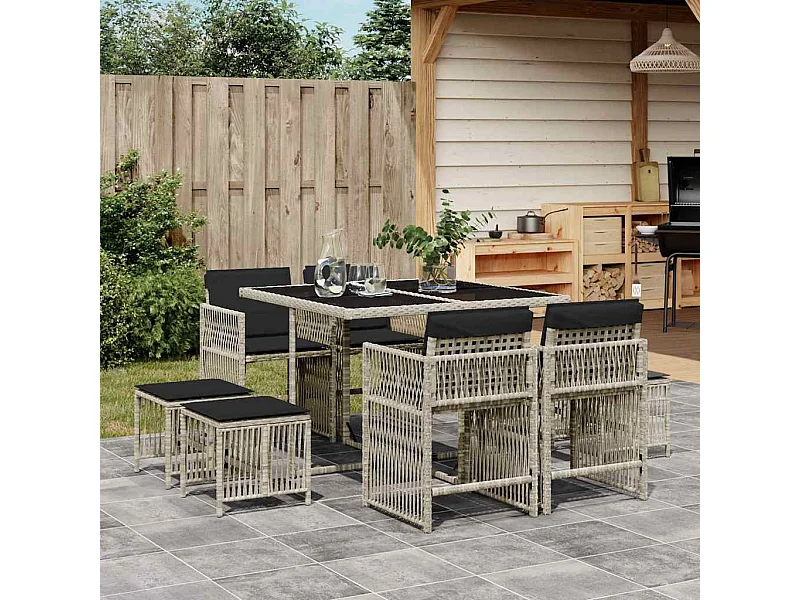 Set comedor de jardín 9 piezas cojines ratán sintético gris claro