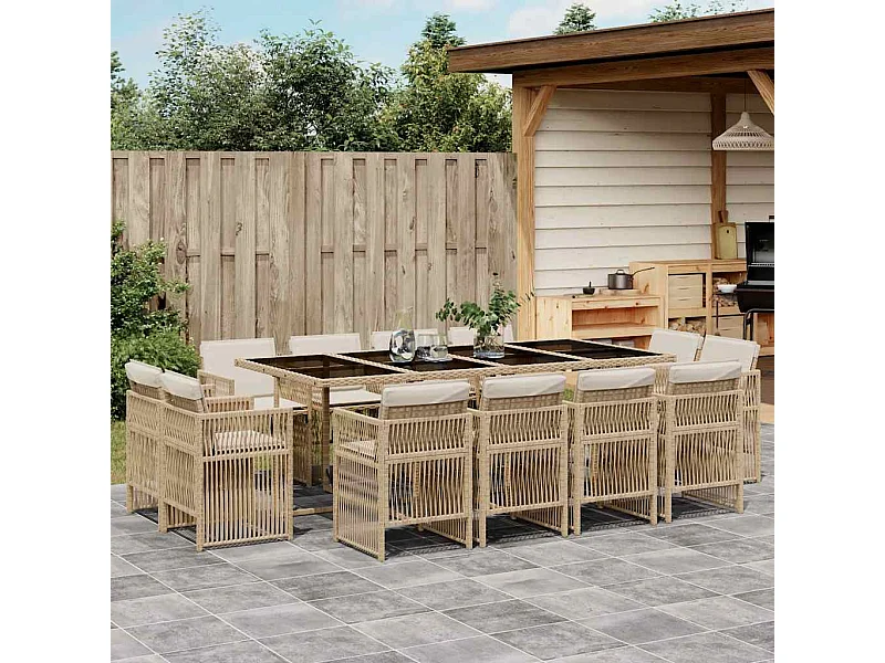 Ensemble à manger de jardin et coussins 13 pièces beige