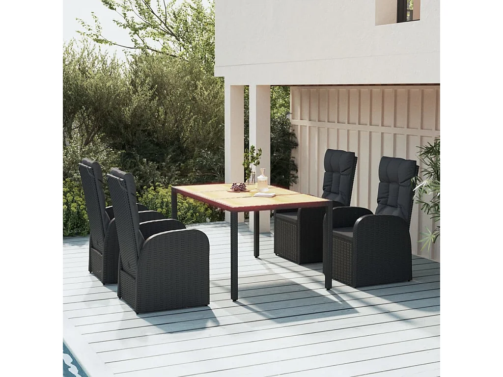 Ensemble à manger de jardin coussins 5 pièces Noir Résine tressée