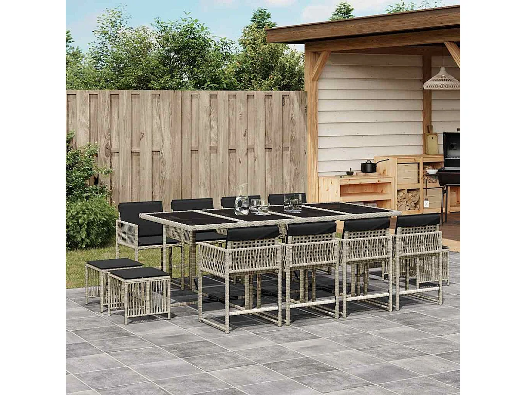 Set comedor jardín y cojines 13 piezas ratán sintético gris claro
