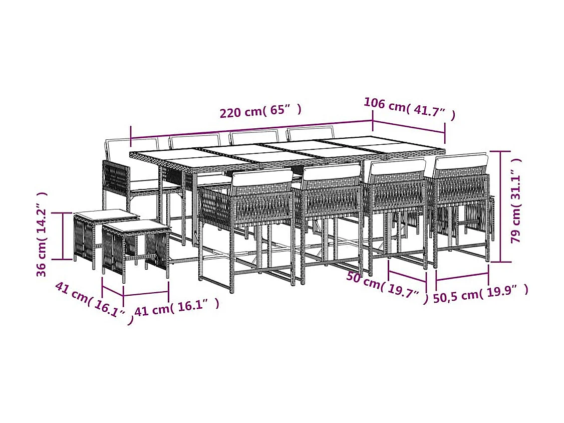 Set comedor jardín y cojines 13 piezas ratán sintético gris claro