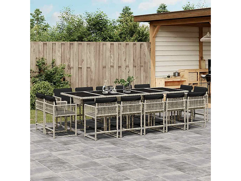Set comedor jardín y cojines 15 piezas ratán sintético gris claro