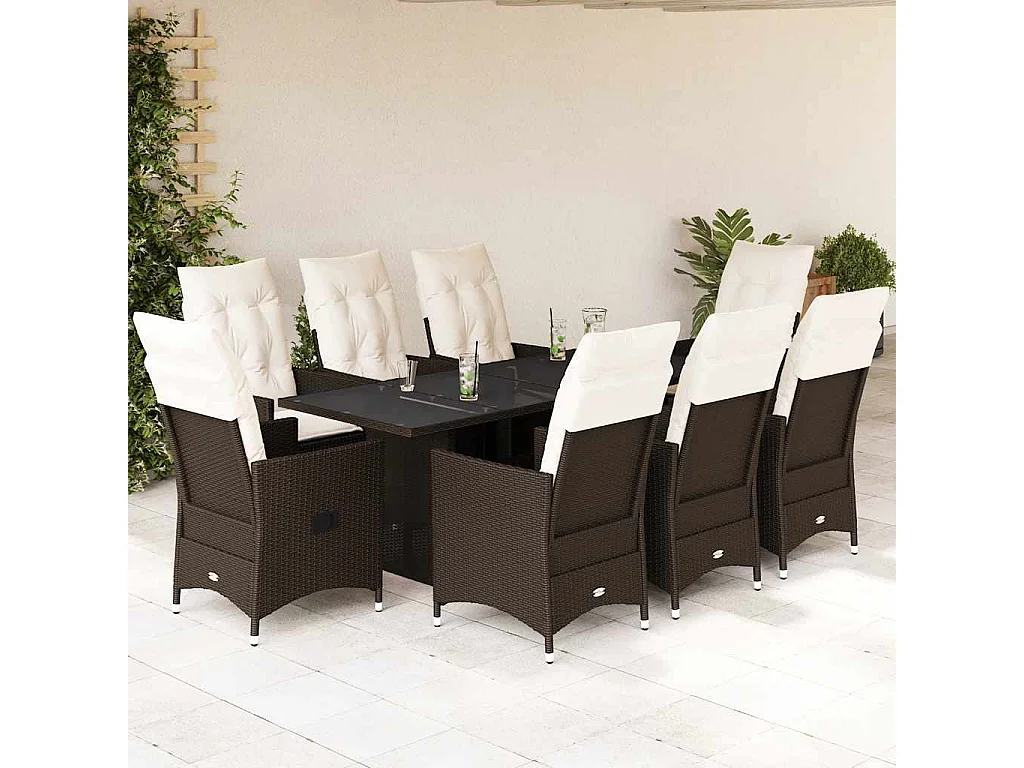 Set comedor para jardín 9 piezas y cojines ratán sintético marrón