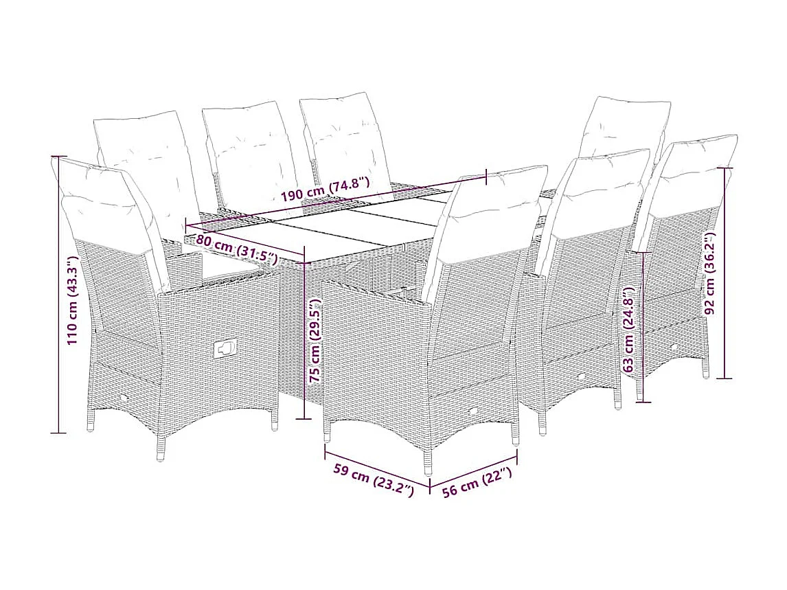 Set comedor para jardín 9 piezas y cojines ratán sintético marrón