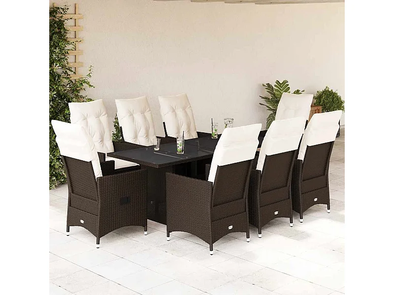 Set comedor para jardín 9 piezas y cojines ratán sintético marrón
