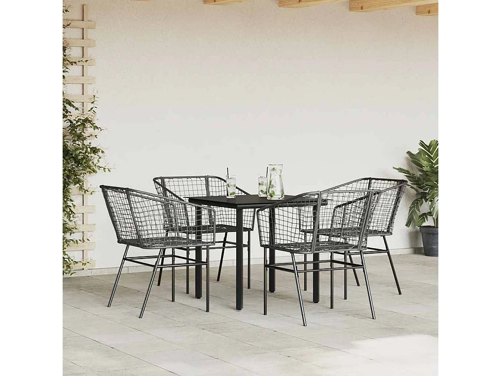 Ensemble à manger de jardin 5 pièces noir résine tressée verre
