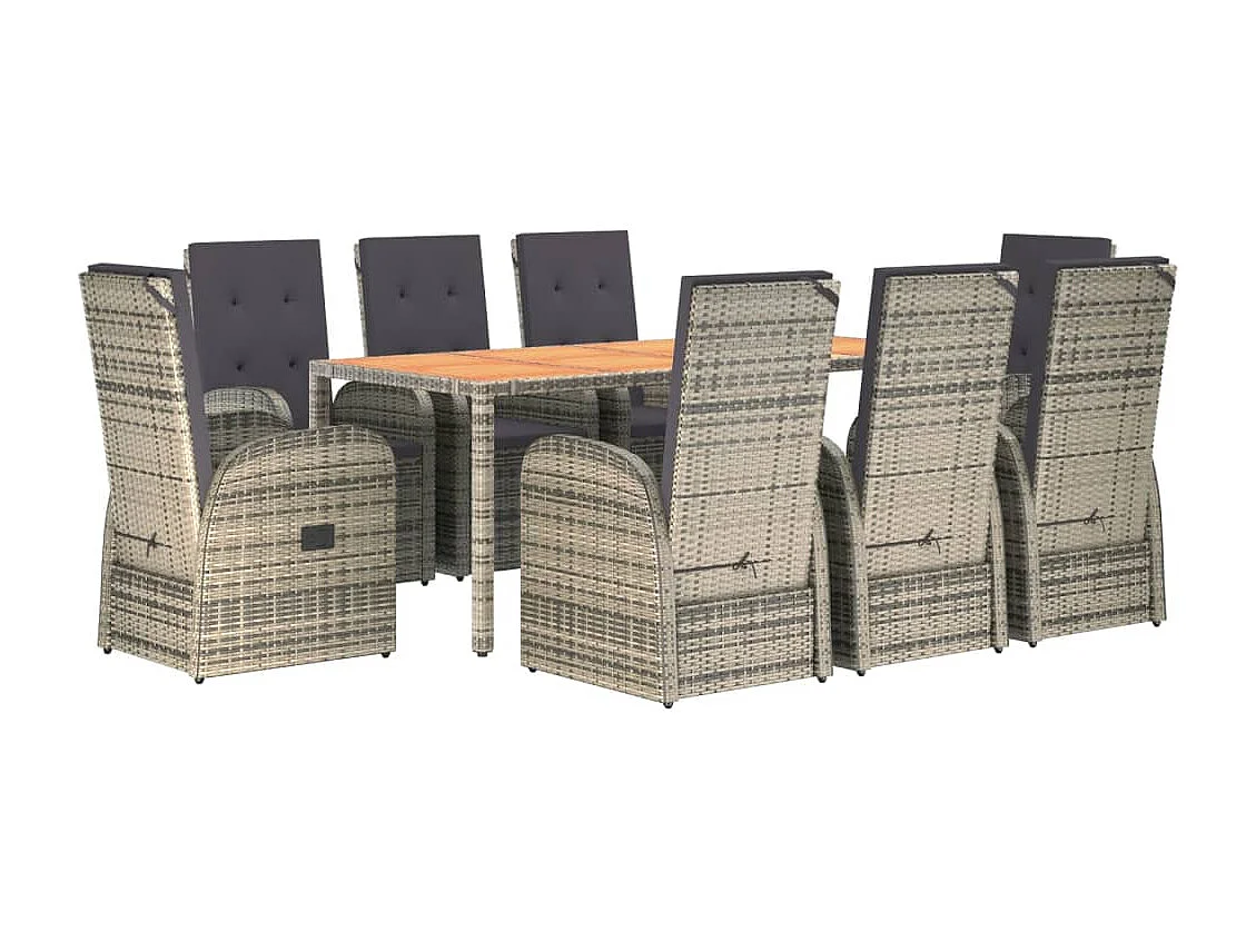 Set comedor jardín 9 piezas y cojines ratán sintético gris