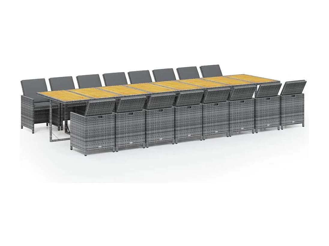 Set comedor de jardín 17 piezas y cojines ratán sintético gris