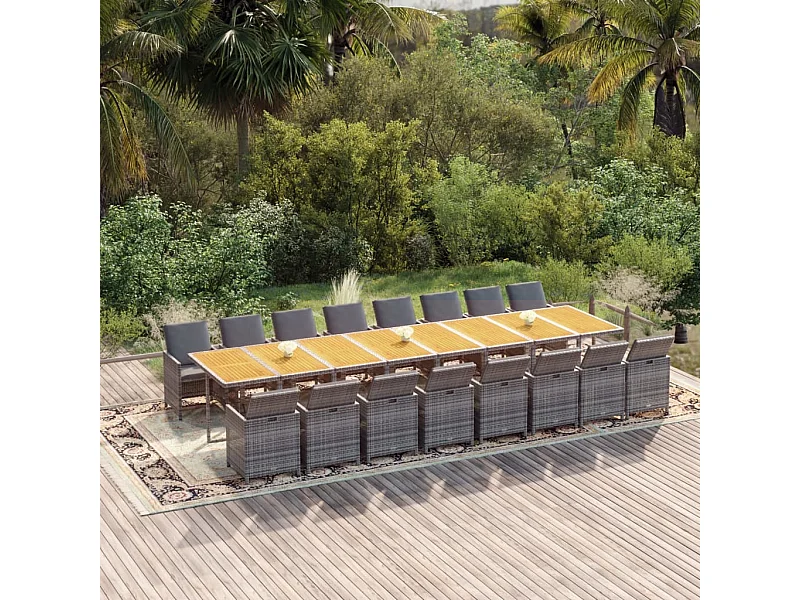 Set comedor de jardín 17 piezas y cojines ratán sintético gris