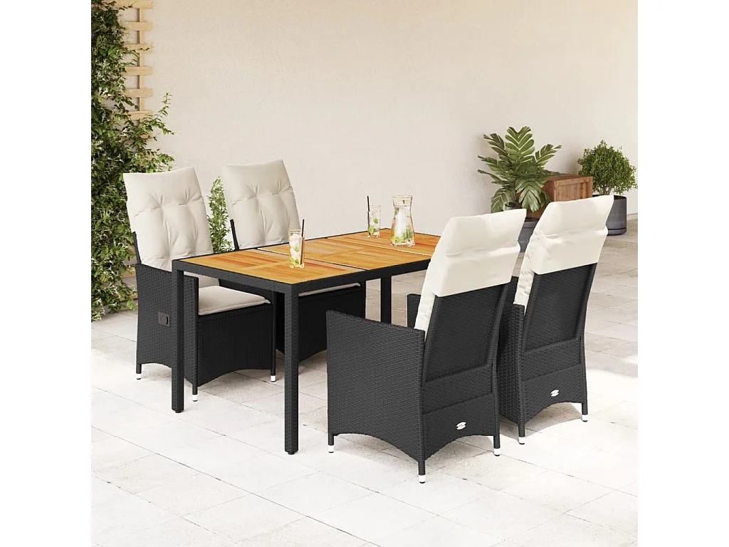 Ensemble à manger de jardin coussins 5 pièces Noir Résine tressée